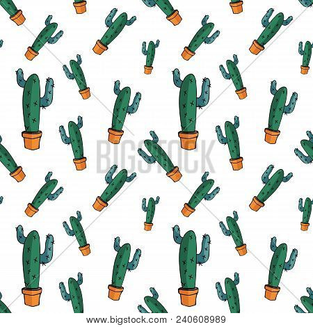 Home Green Cactus In Orange Pot In Doodle Style, Flat Cartoon Colors, Seamless Pattern Isolated On W
