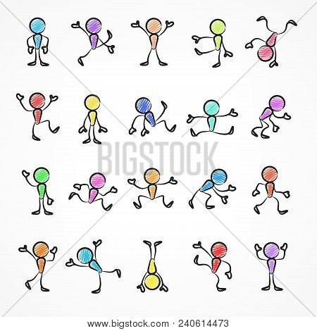 Collection Of Color Stick Moving Figures With Different Poses, Human Icon Symbol Sign. Vector Illust
