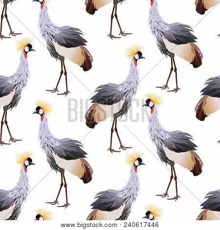 Black Crowned Crane (balearica Pavonina) Standing. Seamless Pattern Background. Vector Illustration 