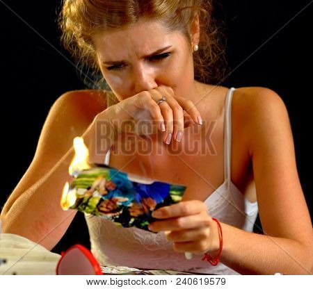 Wedding memories. Broken heart woman. Couple break up. Sad bride on unhappy wedding. Woman and groom quarrel. Portrait crying female. Family has divorce. Dreams are not fulfilled.