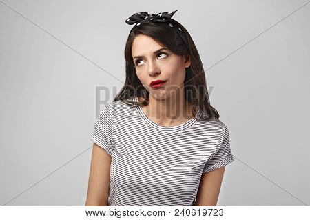 Picture Of Annoyed Irritated Young Dark Haired Female Wearing Headscarf Rolling Eyes, Havign Mournfu