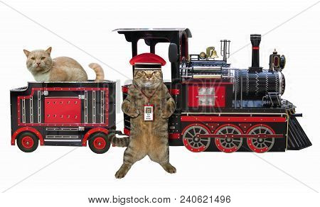 The Cat Railwayman Is Next To The Train. White Background.