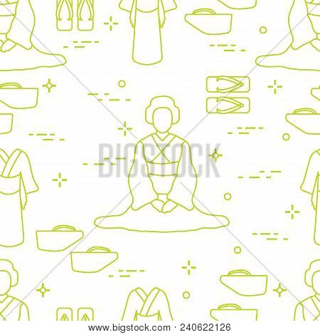 Seamless Pattern With Asian Woman, Traditional Japanese Clothing, Shoes. Travel And Leisure.