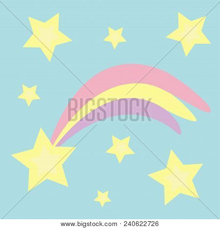 Comet Meteor Flame With Star Shining Icon Set. Shooting Falling Stars. Pastel Color. Flat Design Blu