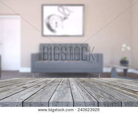 3D render of an old wooden table looking out to a defocussed lounge interior