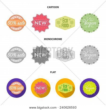 Percentage Sale, New, Eco Food, Vegan.label, Set Collection Icons In Cartoon, Flat, Monochrome Style