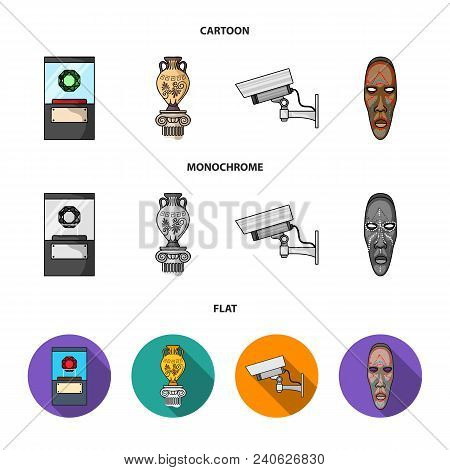 A Diamond, A Vase On A Stand, A Surveillance Camera, An African Mask. Museum Set Collection Icons In