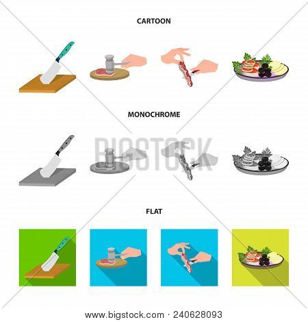 Cutlass On A Cutting Board, Hammer For Chops, Cooking Bacon, Eating Fish And Vegetables. Eating And 