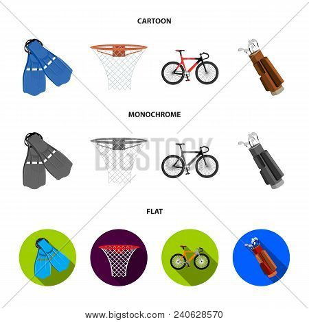 Flippers For Swimming, Basketball Basket, Net, Racing Holograph, Golf Bag. Sport Set Collection Icon