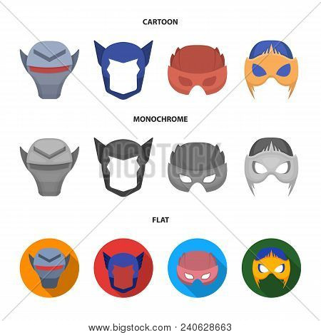 Helmet, Mask On The Head.mask Super Hero Set Collection Icons In Cartoon, Flat, Monochrome Style Vec