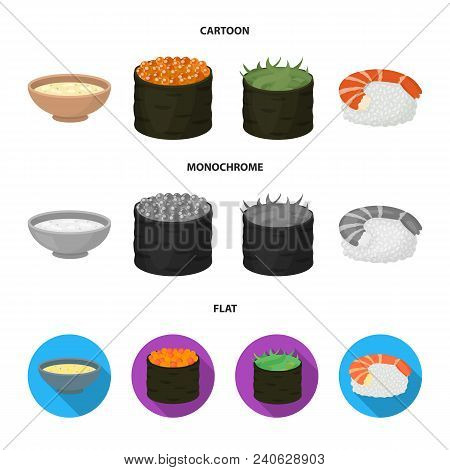 Bowl Of Soup, Caviar, Shrimp With Rice. Sushi Set Collection Icons In Cartoon, Flat, Monochrome Styl