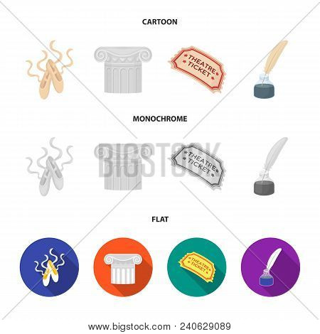 Pointe Shoes, Column, Theater Ticket, Inkwell With Feather. Theater Set Collection Icons In Cartoon,