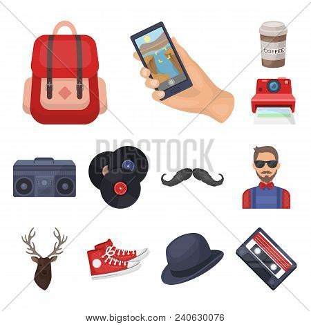 Style Hipster Cartoon Icons In Set Collection For Design. Hipster Attributes And Accessories Vector 