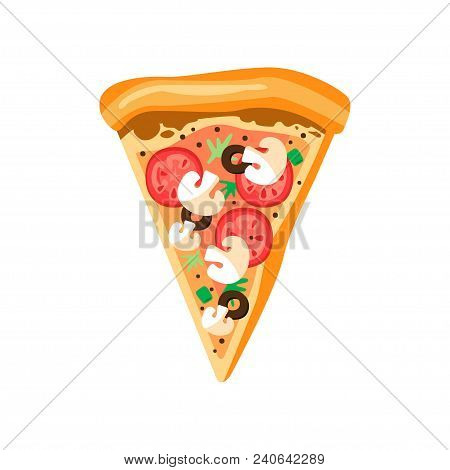 Icon Of Triangle Pizza Slice With Fresh Vegetables Tomatoes, Olives, Mushrooms , Crispy Crust. Tasty