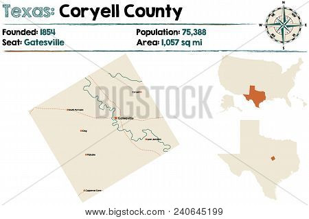 Detailed Map Of Coryell County In Texas, Usa.