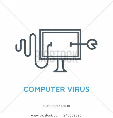 Worm Eating Computer Monitor As Worm Virus Symbol. Simple Line Flat Icon.