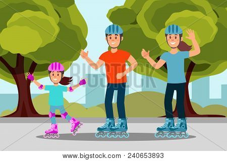 Happy Family Riding Roller Skate In Park. Outdoor Activity. Mother, Father And Daughter. Green Trees