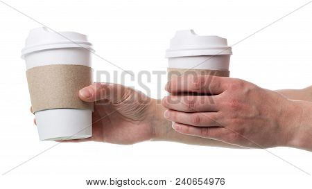 Two Special Container For Coffee To Go, In Hands Of Women Isolated On White Background