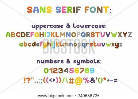 Sans Serif Modern Typeface. Vector Alphabet. Uppercase, Lowcase, Number Symbol Color Font