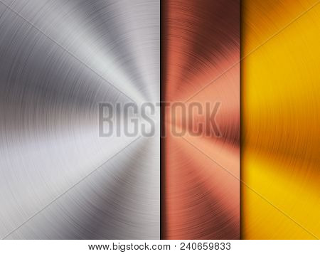 Metal Steel, Bronze And Gold Technology Background With Polished, Circular Brushed Texture, Silver, 
