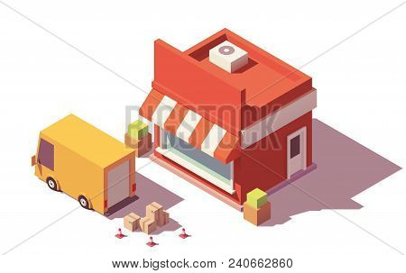 Vector Low Poly Shop And Truck Unloading Boxes With Goods Icon