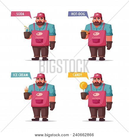 Street Food And Beverages Funny Hawker. Cartoon Vector Illustration. Seller Or Chef Character. Big A