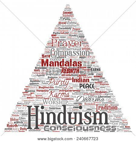 Conceptual hinduism, shiva, rama, yoga triangle arrow red word cloud isolated background. Collage of mandalas, samsara, celebration, tradition, peace, compassion, rebirth, karma, dharma concept