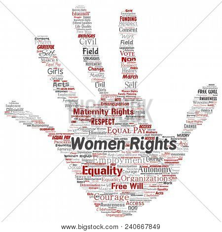Conceptual women rights, equality, free-will hand print stamp word cloud isolated background. Collage of feminism, empowerment, integrity, opportunities, awareness, courage, education, respect concept