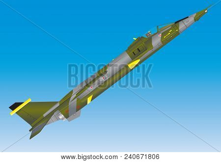 A Camouflaged Jet Fighter Bomber Climbing Steeply Against A Blue Sky Background