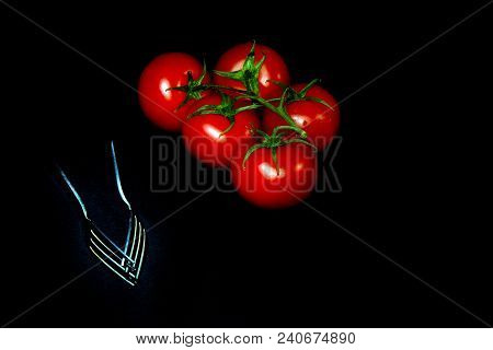 Fresh Ripe Red Tomatoes Two Forks Black Background
