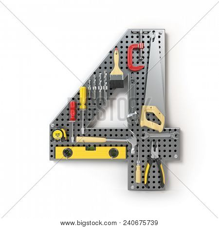 Number 4 four. Alphabet from the tools on the metal pegboard isolated on white.  3d illustration