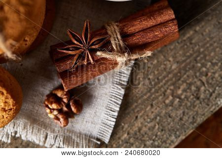 Traditional Christmas Tea Concept With Anise , A Large Set Of Cookies On A Homespun Napkin, Cinnamon