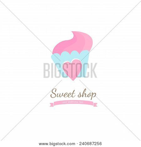 Illustration Design Of Cartoon Logotype Candy Store. Vector Icon Sweet Cake.