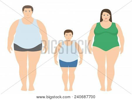 Fat Man, Woman And Child In Flat Style. Obese Family Vector Illustration. Unhealthy Lifestyle Concep