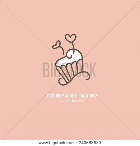 Illustration Design Of Monoline Logotype Candy Store. Vector Icon Sweet Cake.