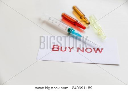 Pills And Syringe. Pills And Syringe On Red Background. Copy Space.buy Now Poster, Card. Internet Sh