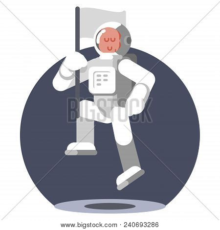 Man Cosmonaut In Helmet Jumps With Flag In His Hand. Vector Illustration, Eps 10