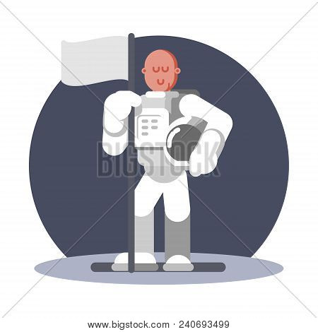 Man Cosmonaut Standing With Flag. Vector Illustration, Eps 10