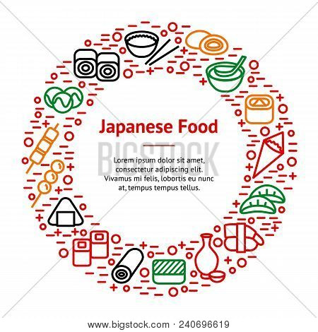 Japanese Foods Thin Line Banner Card Circle For Web And App Include Of Nigiri, Nori, Udon, Sashimi A