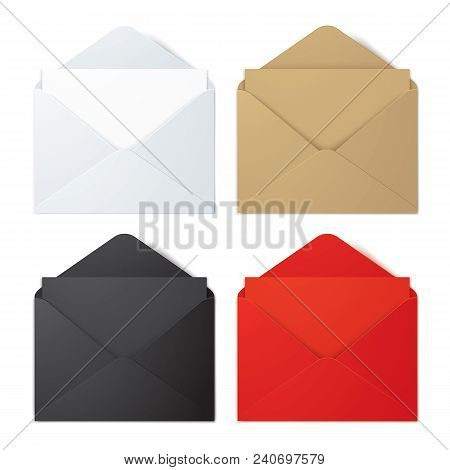 Set Of White, Brown, Black And Red Vector Envelopes, Isolated On Bacjground. Realistic Vector Envelo