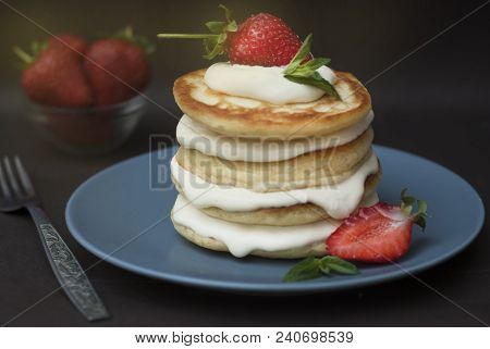 Dessert Pancakes With Cream And Strawbery. Health Breakfast Fruit Berry Vitamine