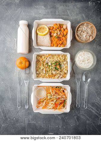 Healthy Food Delivery. Pilov From Bulgur With Chicken, Cabbage Salad With Carrots, Tomatoes And Cucu