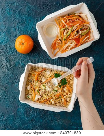 Healthy Food Delivery. Pilov From Bulgur With Chicken, Cabbage Salad With Carrots, Tomatoes And Cucu