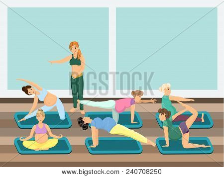 Pregnant Women Do Yoga With Instructor. Vector Image. Simple Background. Easy Editable.