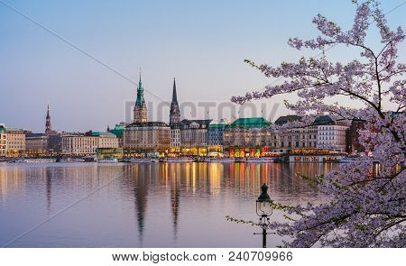 Beautiful Panoramic View Of Alster River And Hamburg Town Hall - Rathaus At Spring Earning Evening D
