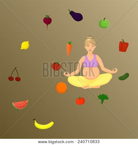 Pregnant Girl In Lotus Pose On Simple Background. Vector Image. Vegetables. Healthy Eating Concept.
