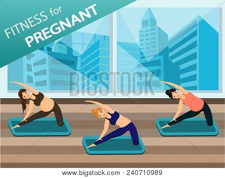 Pregnant Women Do Yoga. Vector Image. City On Background. Easy Editable.