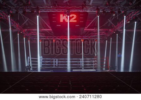 Brovary, Ukraine, 14.11.2015 Boxing Ring In Low-light Spotlights And Red Illumination From Above. An