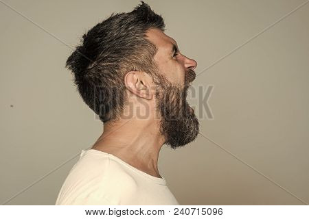 Guy Or Bearded Man On Grey Background. Hipster With Angry Face. Feeling And Emotions. Barber Fashion