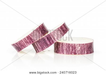 Striped Purple Eggplant Slices Three Rings Isolated On White Background